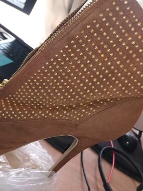 Brown Suede Studded Ankle Bootie with Gold Accents - Women